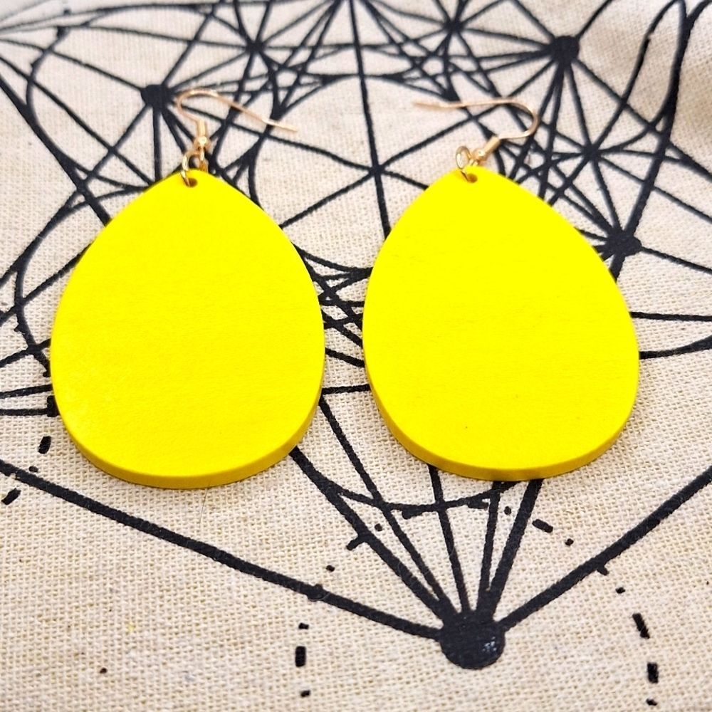 Bright yellow earrings flat tear drop shape happy jewelry statement pieces